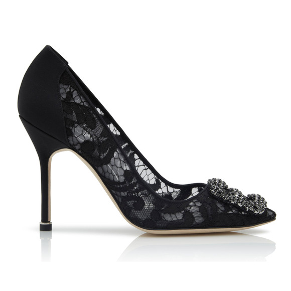 Manolo Blahnik Hangisila Hangisi 105 Black Lace Crystal Buckle Heel Pump 39.5 - Picture 2 of 12
